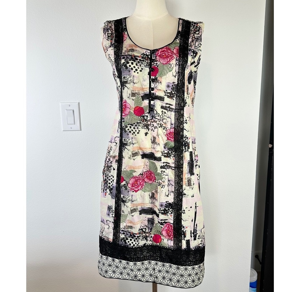 Art to Wear Abstract Floral Mixed Media Lace Trim Sleeveless Dress Size M